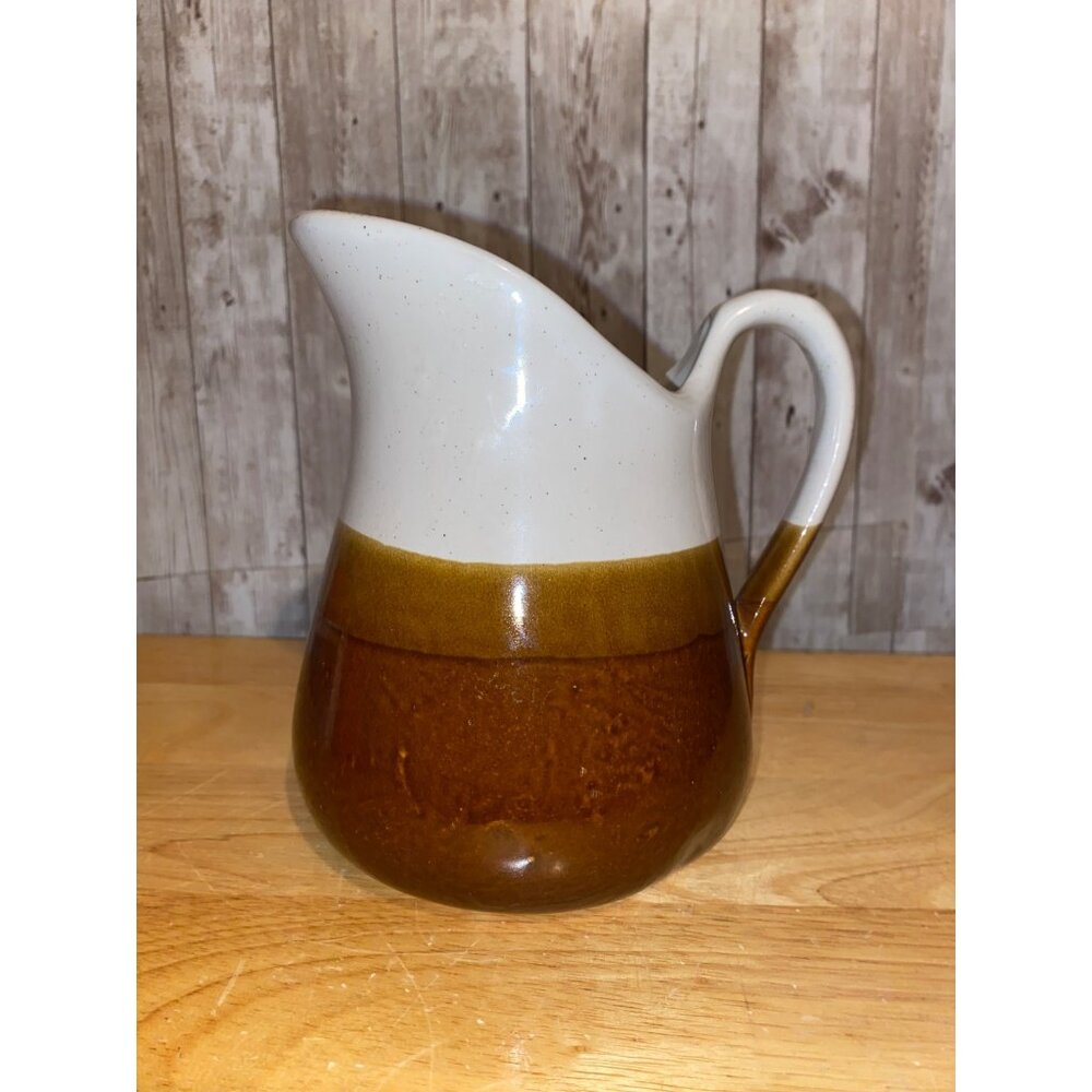 Vintage Brown White Ceramic Squat Water Pitcher Handle Crock Carafe Taiwan